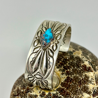 Ray Adakai Hand Stamped Sterling Silver Cuff with Turquoise-Red Shell-Picayune Cellars & Mercantile