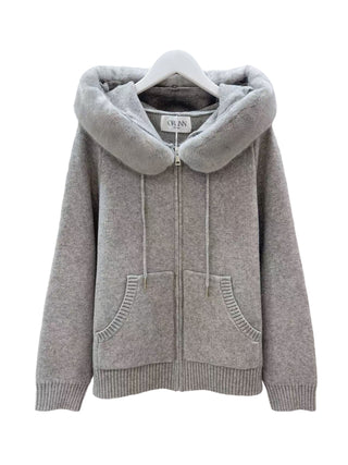 Knit Sweatshirt with Faux Fur Hood