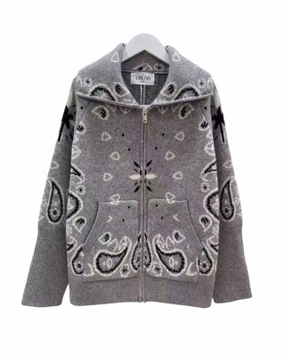 Paisley Pattern Zip-up Cardigan with Large Collar