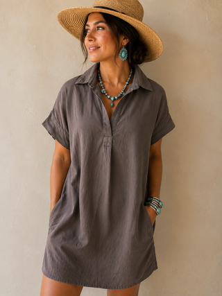 Lyocell Flowy Short-Sleeved V-neck Shirt Dress