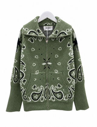 Paisley Pattern Zip-up Cardigan with Large Collar