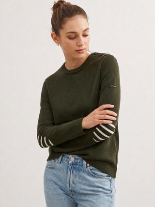Saint James Bregancon U Wool Sailor Sweater with Striped Elbow Patches