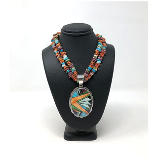 Double Strand Beaded Necklace with Inlay Pendant