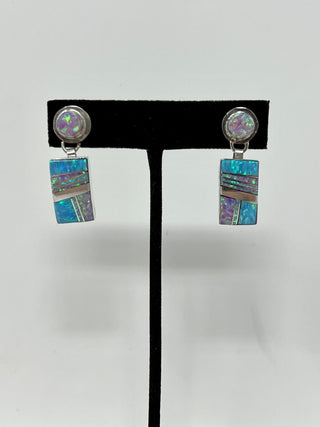 Fire Opal Inlay Earrings-Sun West Silver-Picayune Cellars & Mercantile