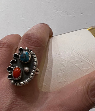 Funny Face Turquoise & Coral Ring-Native Jewelry-Picayune Cellars & Mercantile