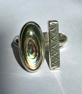 Beautiful Abalone and Stamped Silver Bar Open Ring