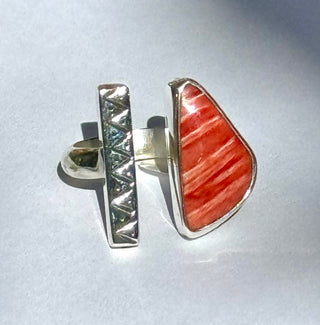 Large Red Spiny Oyster Shell and Stamped Silver Bar Open Ring