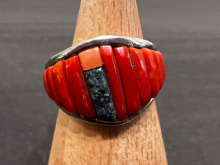 Joe McCabe Coral & Turquoise Inlay Ring-Miscellaneous - NM-Picayune Cellars & Mercantile