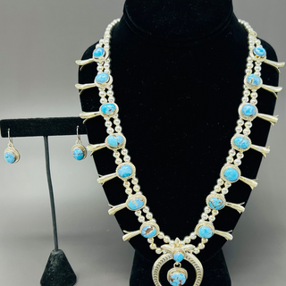 Peruvian Blue Opal Squash Blossom Necklace & Earrings Set