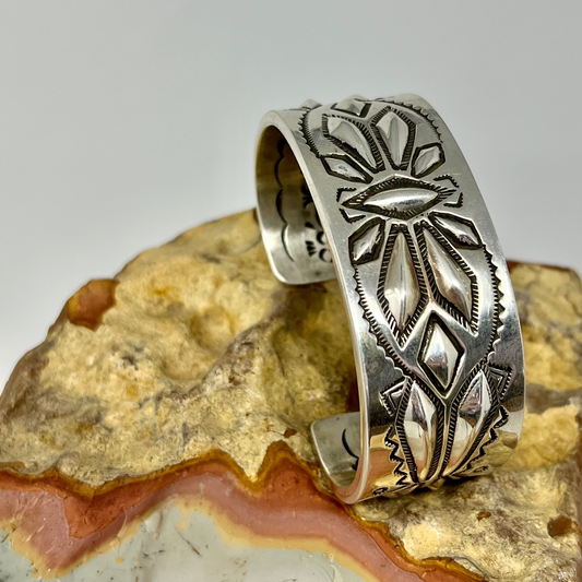 Ray Adakai Hand Stamped Sterling Silver Cuff-Red Shell-Picayune Cellars & Mercantile