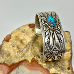 Ray Adakai Hand Stamped Sterling Silver Cuff with Turquoise