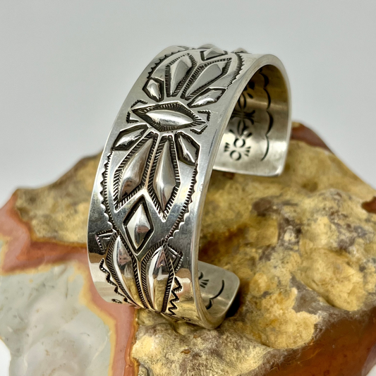 Ray Adakai Hand Stamped Sterling Silver Cuff-Red Shell-Picayune Cellars & Mercantile