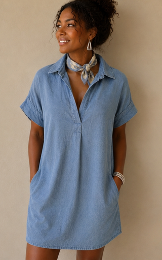 Lyocell Flowy Short-Sleeved V-neck Shirt Dress