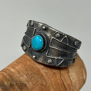 Wilson Dawes Kingman Turquoise & Sterling Silver Tufa Cast Bracelet-First American-Picayune Cellars & Mercantile