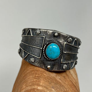 Wilson Dawes Kingman Turquoise & Sterling Silver Tufa Cast Bracelet-First American-Picayune Cellars & Mercantile