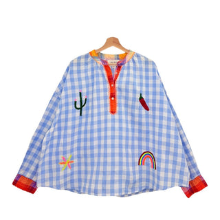 Band Collar Blue Gingham Blouse Women's Apparel - Picayune Cellars & Mercantile