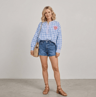 Band Collar Blue Gingham Blouse Women's Apparel - Picayune Cellars & Mercantile