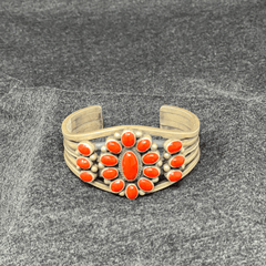 Blood Coral & Sterling Silver Hopi Cluster Cuff