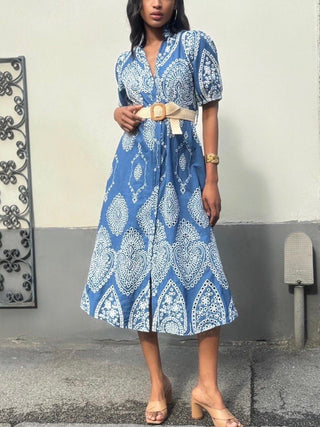 Blue Bandana Pattern Cotton Dress with Belt Women's Apparel - Picayune Cellars & Mercantile