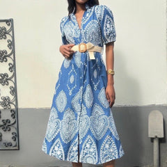 Denim Blue Eyelet Embroidered Belted Dress