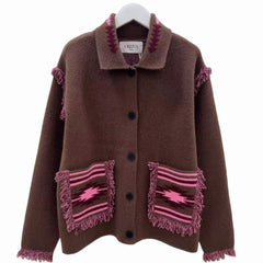 Brown Knit Sweater with Pink Fringe