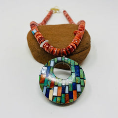 Charlene Reano Double Sided Mosaic Necklace Circular Pendant
