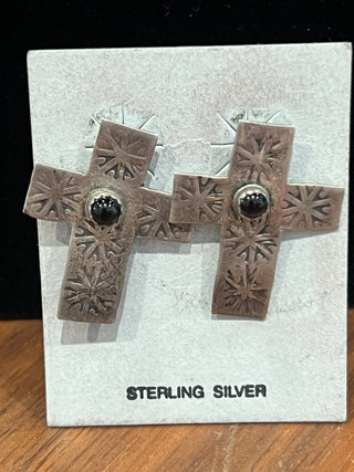Stamped Cross Earrings with Onyx