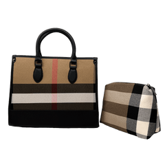 Dual Handle Plaid & Leather Handbag - S758