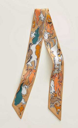 Hermes Shinsuke Kawahara Mille et un Lapins Abricot Silk Twilly Scarves - Picayune Cellars & Mercantile