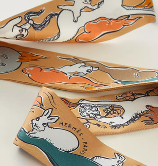 Hermes Shinsuke Kawahara Mille et un Lapins Abricot Silk Twilly Scarves - Picayune Cellars & Mercantile