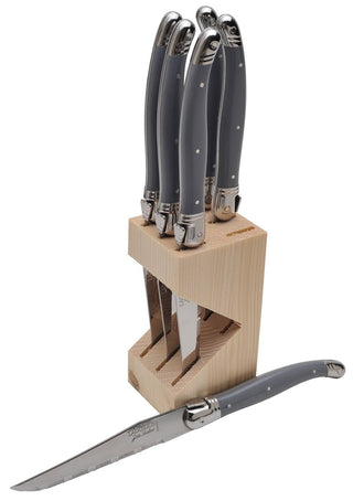 Jean Dubost Laguiole Acrylic Handle Knives, Set of 6 in Wooden Block Knives - Picayune Cellars & Mercantile