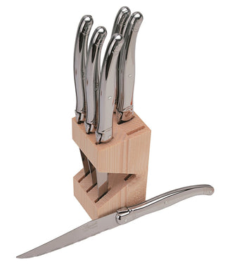 Jean Dubost Laguiole Knives Stainless Steel Handle, Set of 6 in Wooden Block Knives - Picayune Cellars & Mercantile