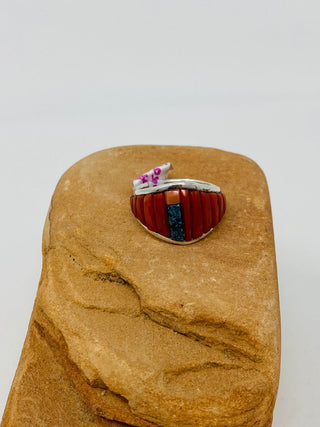 Joe McCabe Coral & Turquoise Inlay Ring Rings - Picayune Cellars & Mercantile