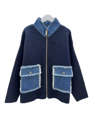 Knit Zippered Jacket with Denim Pockets Women's Apparel - Picayune Cellars & Mercantile