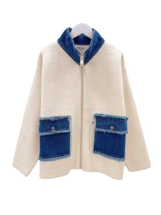 Knit Zippered Jacket with Denim Pockets Women's Apparel - Picayune Cellars & Mercantile