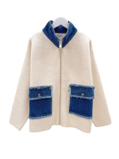 Knit Zippered Jacket with Denim Pockets