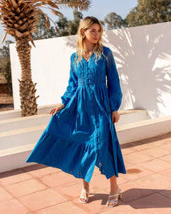 Long Cotton Boho Dress with Lace Detail - Blue