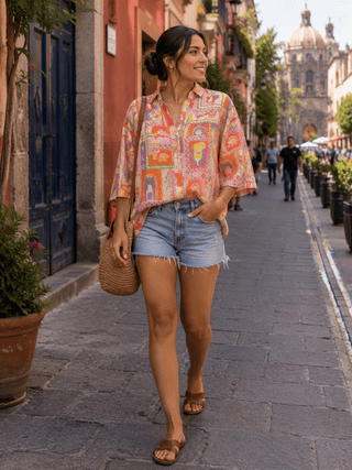 Loose Button-up Three Quarter-Sleeved Blouse Women's Apparel - Picayune Cellars & Mercantile