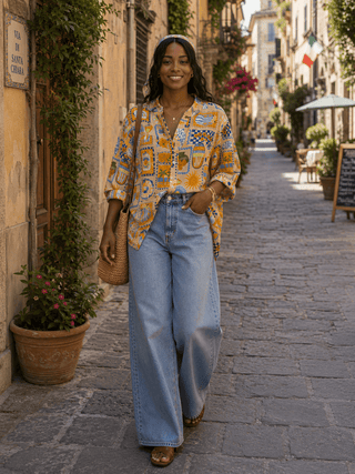 Loose Button-up Three Quarter-Sleeved Blouse Women's Apparel - Picayune Cellars & Mercantile