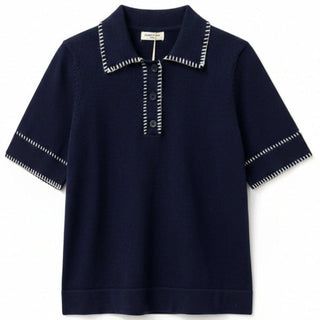 Navy Cotton Polo with Contrast Embroidered Trim Women's Apparel - Picayune Cellars & Mercantile