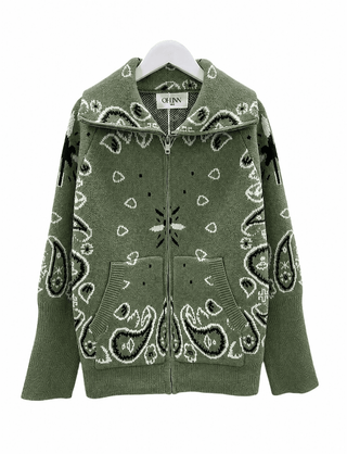 Paisley Pattern Zip-up Cardigan with Large Collar Women's Apparel - Picayune Cellars & Mercantile