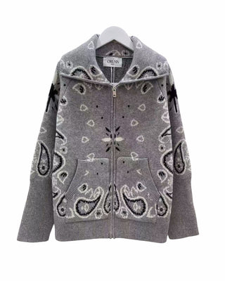 Paisley Pattern Zip-up Cardigan with Large Collar Women's Apparel - Picayune Cellars & Mercantile
