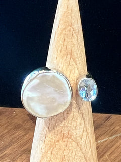 Blue Topaz & Pearl Double Stone Adjustable Ring