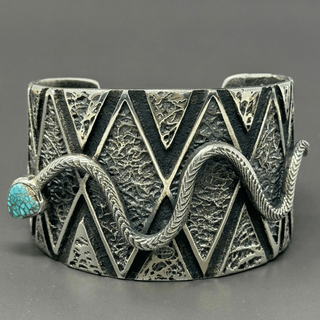 Philander Begay Tufa Cast Snake Bracelet with Nevada Turquoise (#8) Bracelets - Picayune Cellars & Mercantile