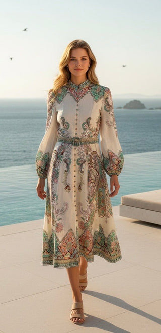 Printed Cotton Blend Dress with Belt Women's Apparel - Picayune Cellars & Mercantile