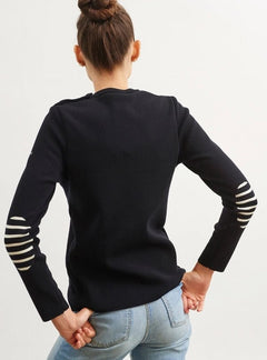 Saint James Bregancon U Wool Sailor Sweater with Striped Elbow Patches