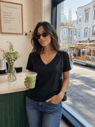 Shiny V-neck Black Tee Women's Apparel - Picayune Cellars & Mercantile