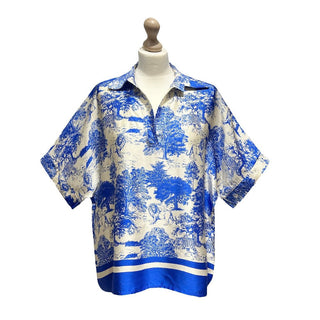Silky Toile de Jouy Print Short - Sleeved Blouse Women's Apparel - Picayune Cellars & Mercantile
