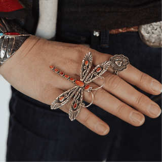 Siver & Coral Dragonfly Adjustable Ring Rings - Picayune Cellars & Mercantile