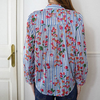 Striped Long-sleeve Button-up Shirt with Cherries & Flowers Women's Apparel - Picayune Cellars & Mercantile